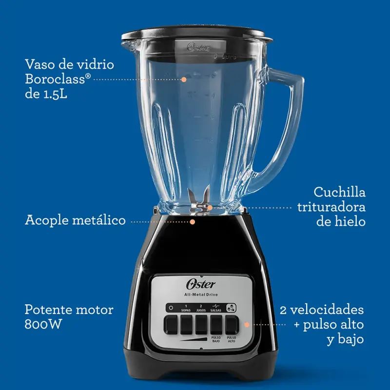 LICUADORA OSTER CON VASO DE VIDRIO DE 1.5L Y 2 VELOCIDADES BLSTKAGBPB
